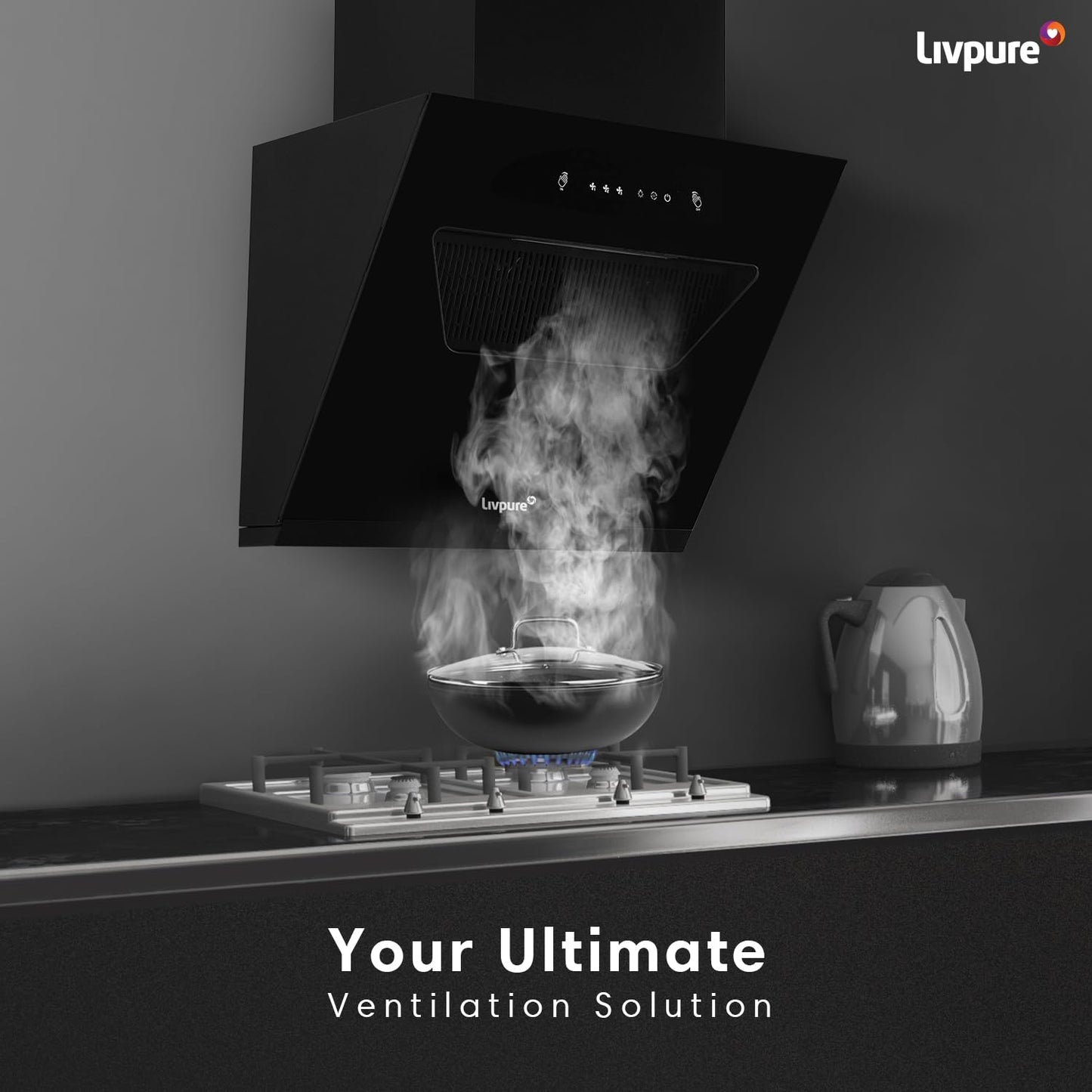 Livpure Drift 60 1350 m3/hr Slant | Filterless Autoclean Kitchen Chimney|10 Yr Warranty On Motor, 2 Yr Comprehensive |Touch & Gesture Control, Black