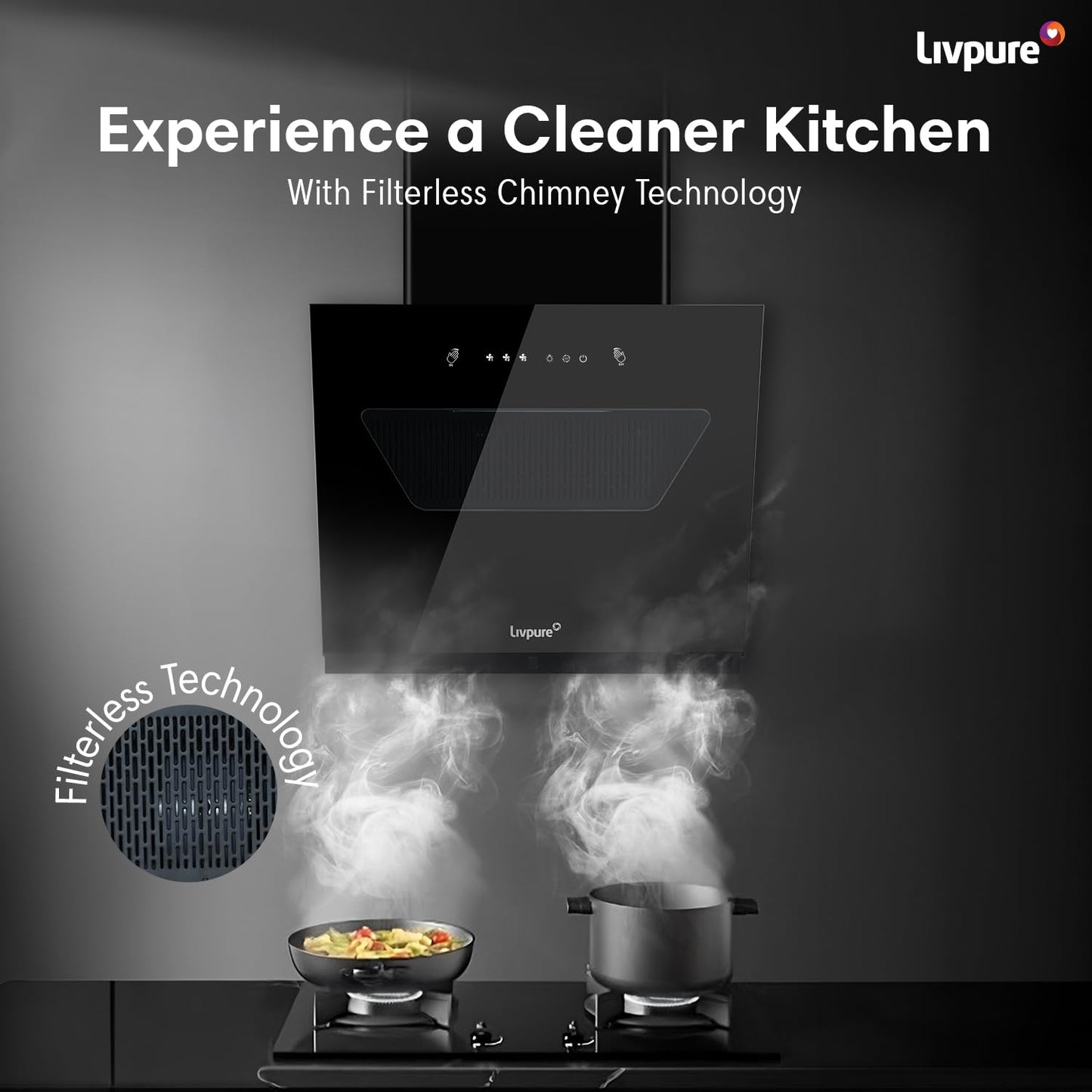 Livpure Drift 60 1350 m3/hr Slant | Filterless Autoclean Kitchen Chimney|10 Yr Warranty On Motor, 2 Yr Comprehensive |Touch & Gesture Control, Black