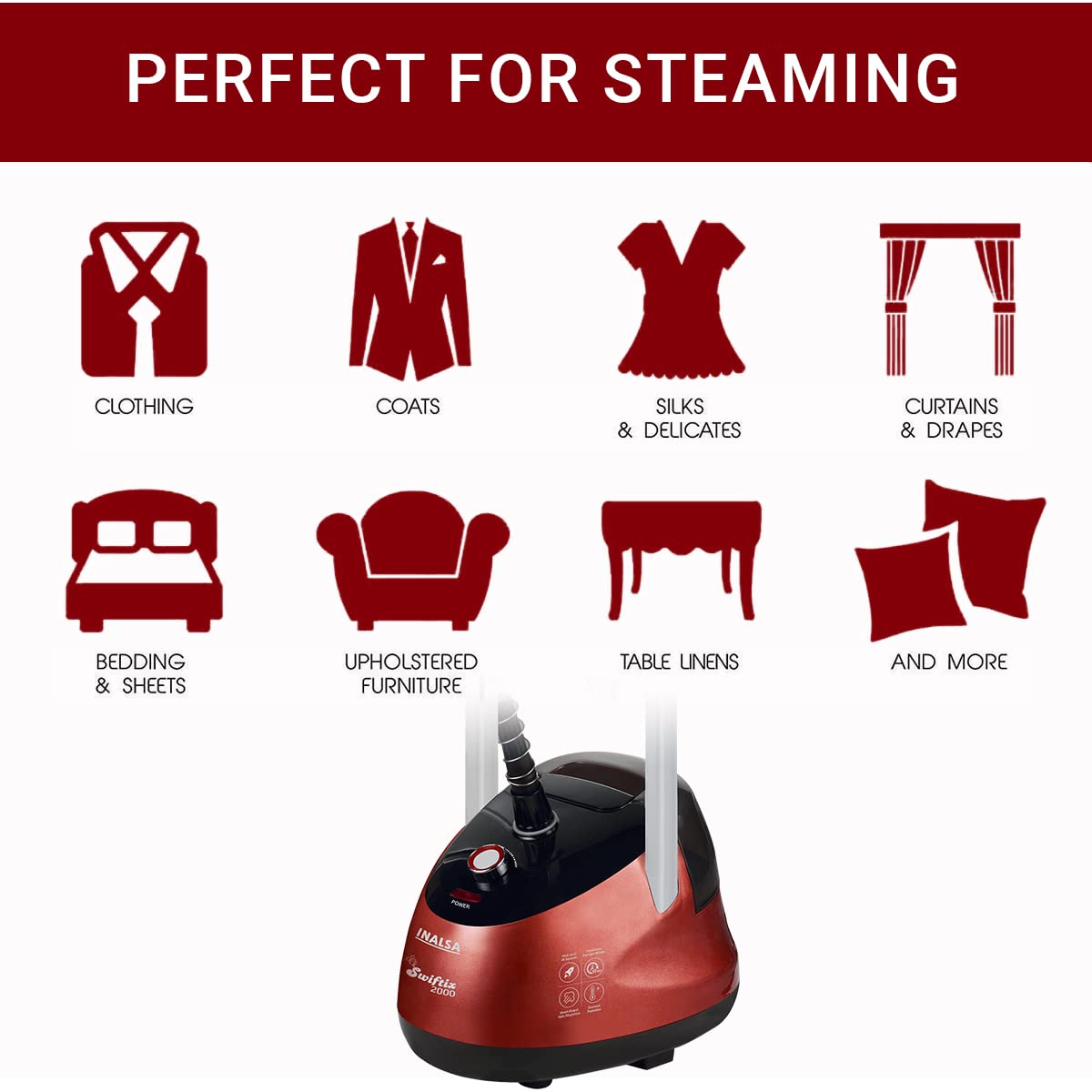 INALSA Standing Garment Steamer 2000 W|Double Pole With 90° & 180° Adjustable Ironing Board |Adjustable Pole Height|2.2 L Water Tank|45 Sec Heat Up Time|32g/min Steam Output |2 Y Warranty,Swiftix 2000