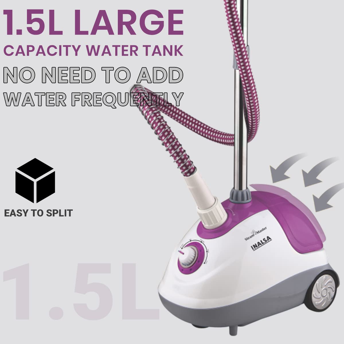 INALSA Standing Garment Steamer 1700 Watt Steam Iron for Clothes|Variable Control Knob | Powerful Steam Output |1.5L Detachable Large Water Tank|Includes Brush&Glove|steamer for clothes(Steam Master)Box Damage