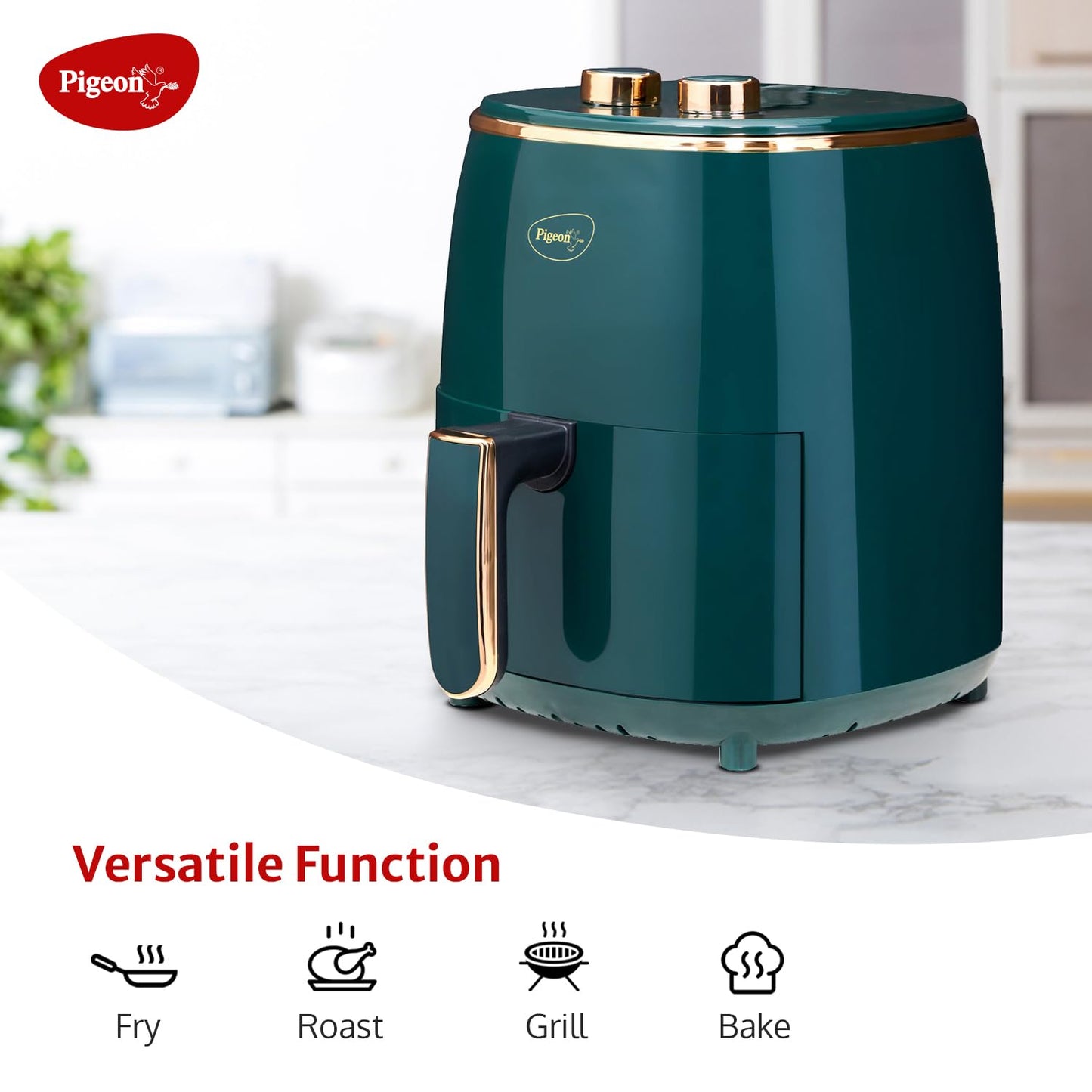 Pigeon Healthifry Manual Air Fryer, 360° High Speed Air Circulation Technology 1200 W with Non-Stick 4.2 L Basket - Green