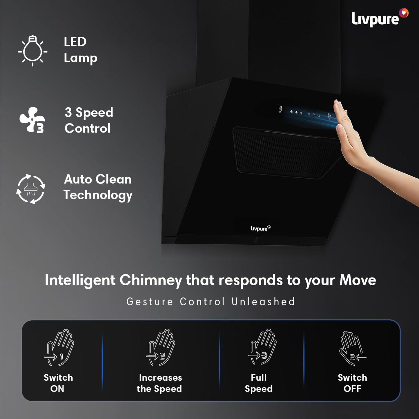 Livpure Drift 60 1350 m3/hr Slant | Filterless Autoclean Kitchen Chimney|10 Yr Warranty On Motor, 2 Yr Comprehensive |Touch & Gesture Control, Black