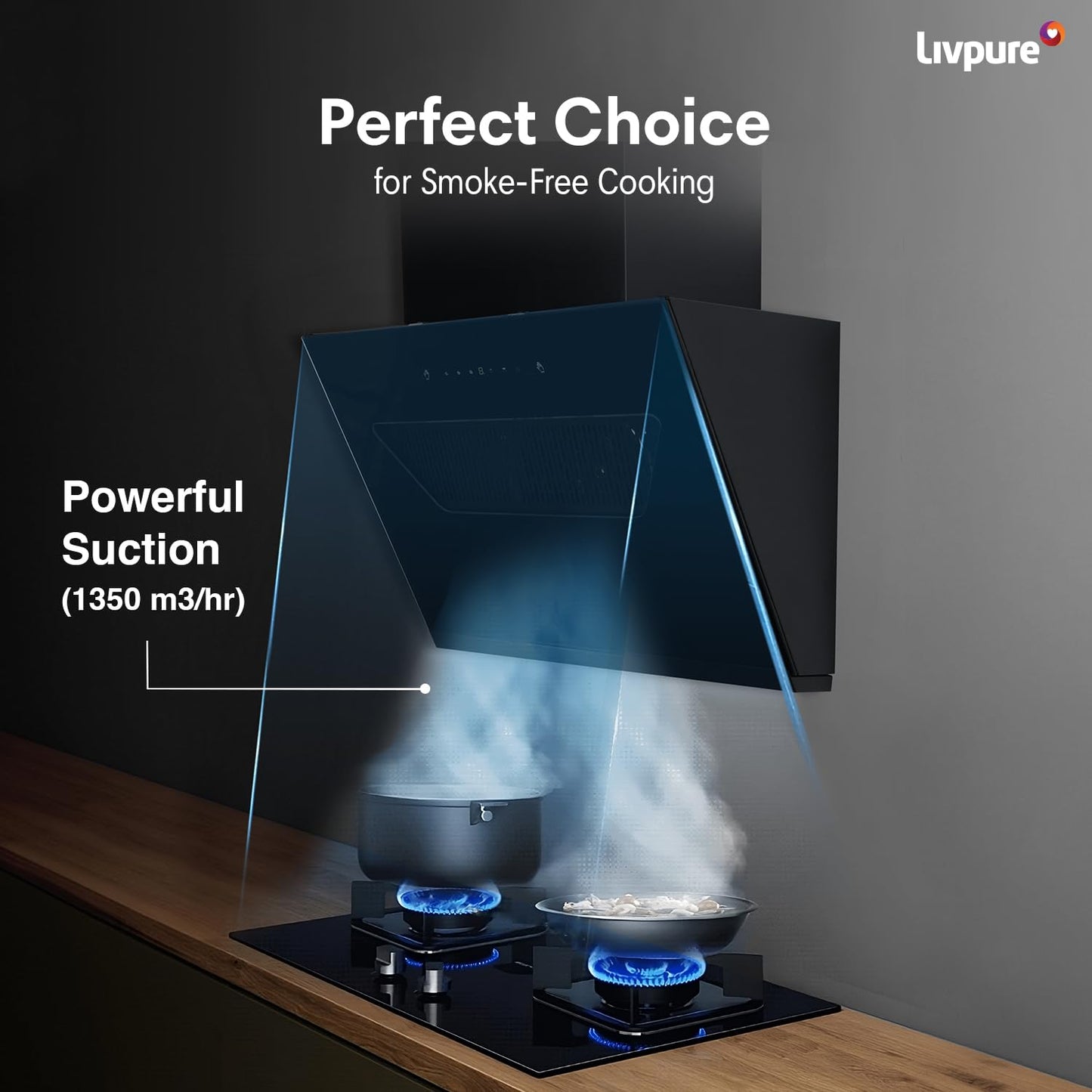 Livpure Drift 60 1350 m3/hr Slant | Filterless Autoclean Kitchen Chimney|10 Yr Warranty On Motor, 2 Yr Comprehensive |Touch & Gesture Control, Black