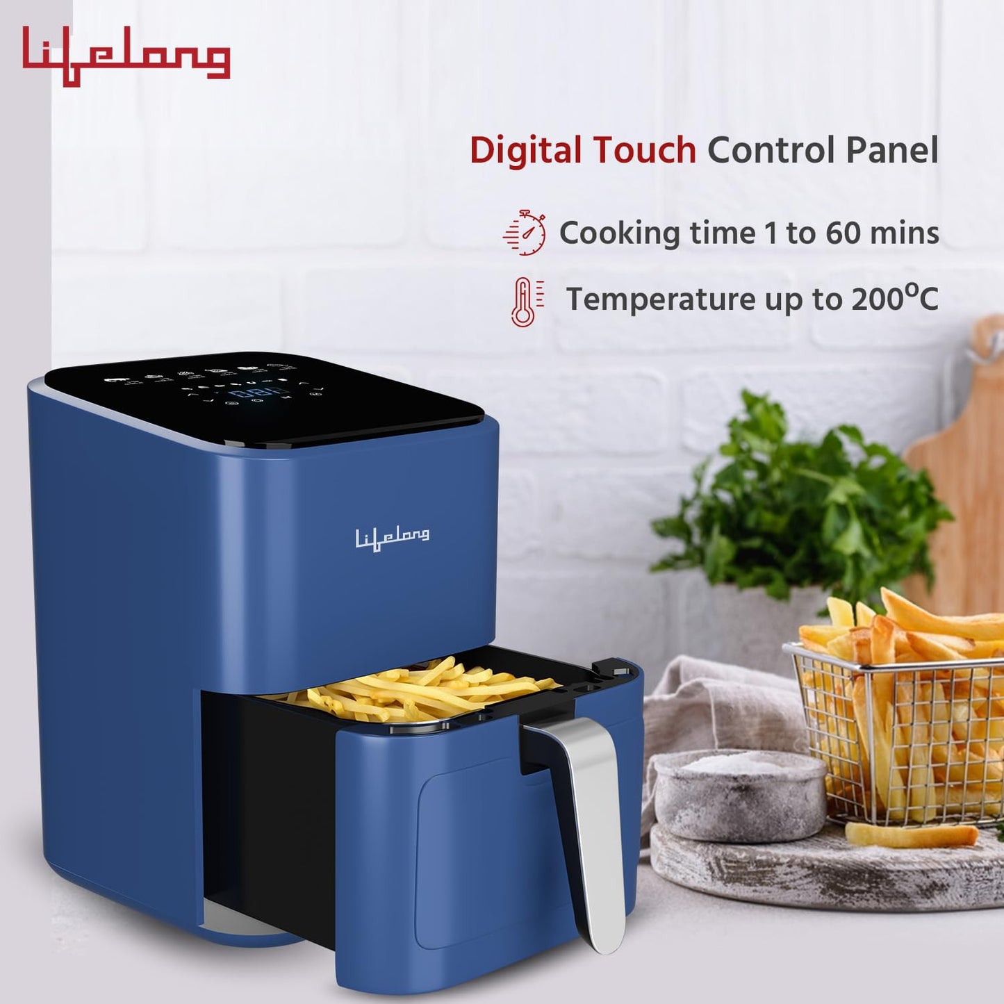 Lifelong 1200W 4L Air Fryer with Hot Air Circulation Technology with Timer Selection | Uses up to 90% less Oil | Fry, Grill, Roast, Reheat and Bake | LLHFD450 (Blue)