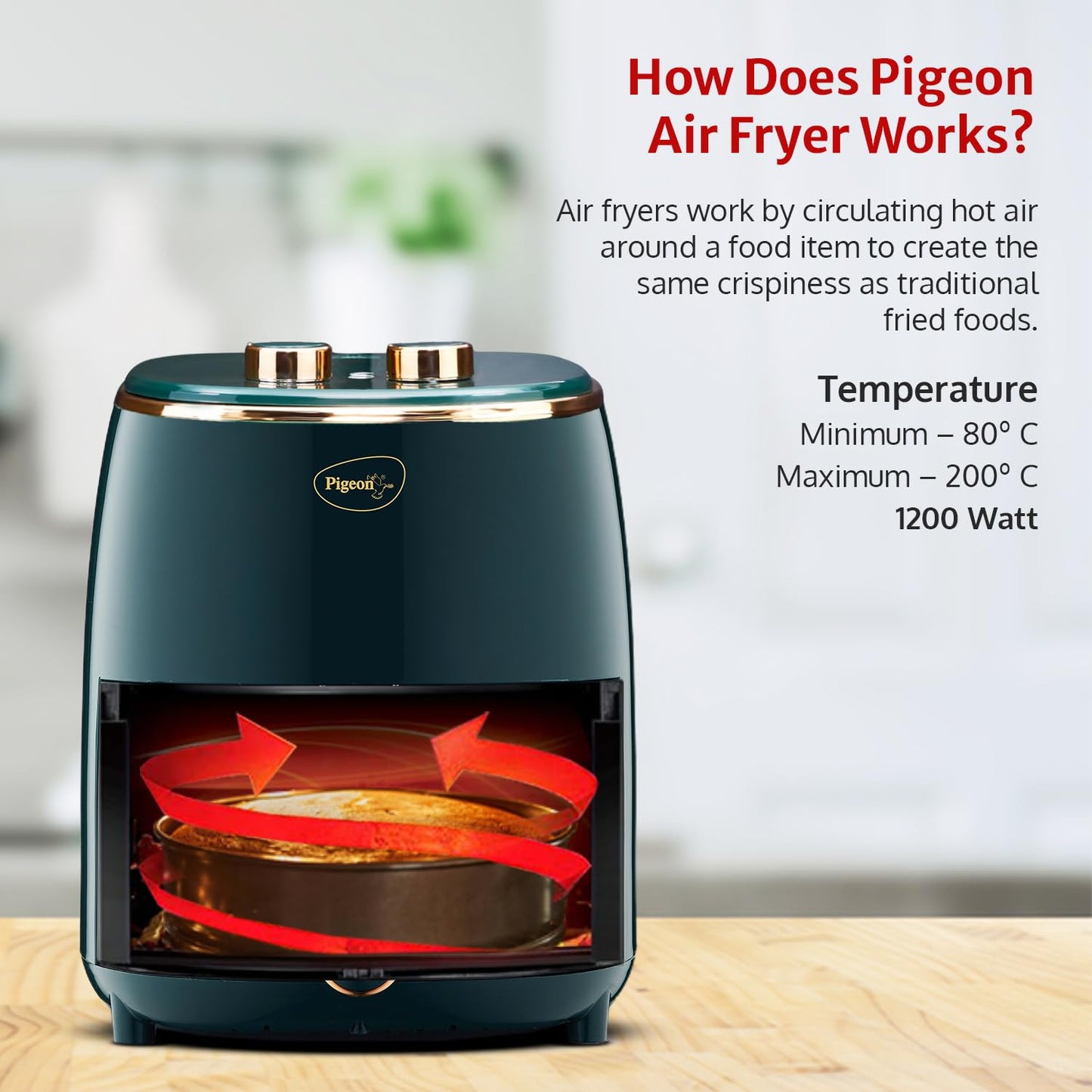 Pigeon Healthifry Manual Air Fryer, 360° High Speed Air Circulation Technology 1200 W with Non-Stick 4.2 L Basket - Green