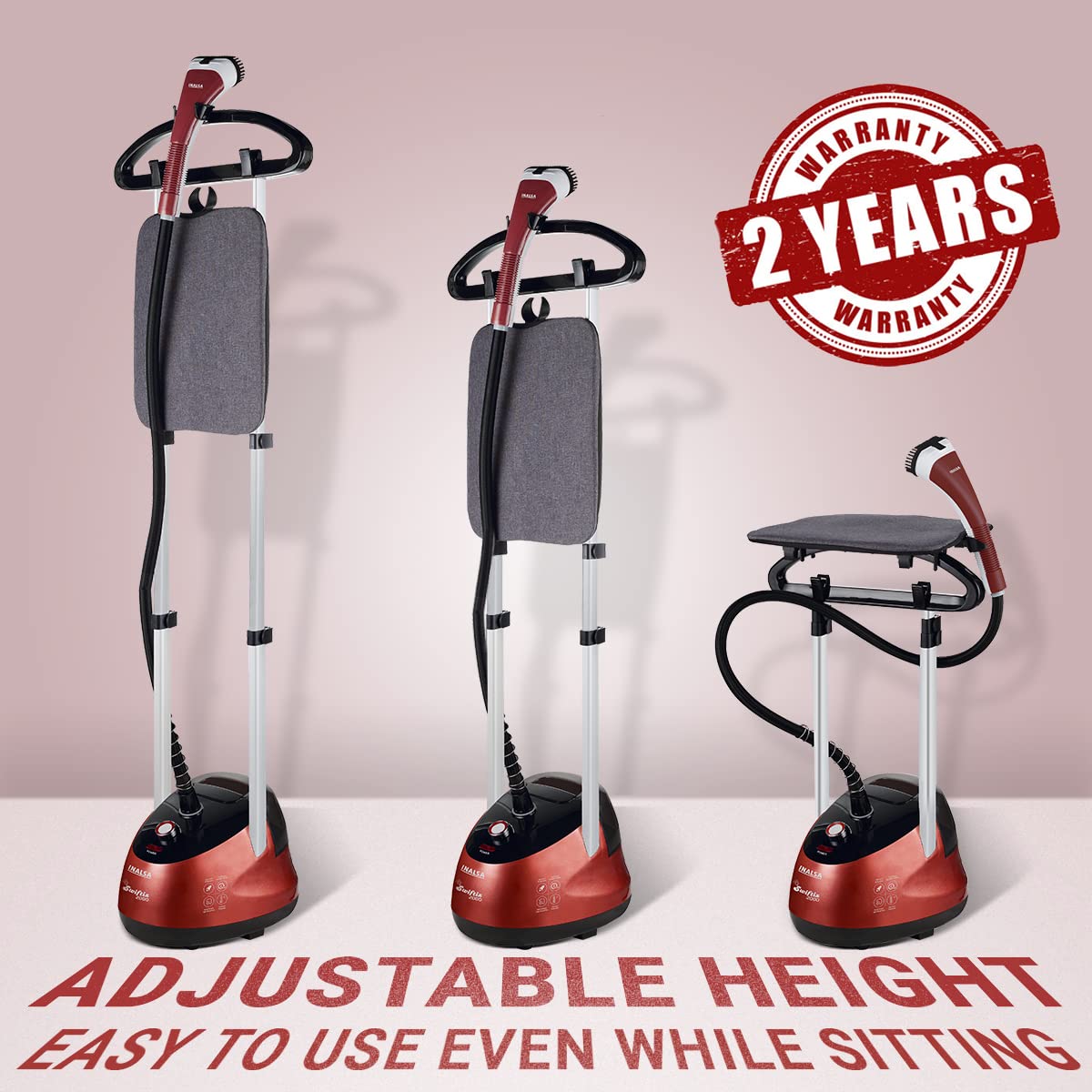 INALSA Standing Garment Steamer 2000 W|Double Pole With 90° & 180° Adjustable Ironing Board |Adjustable Pole Height|2.2 L Water Tank|45 Sec Heat Up Time|32g/min Steam Output |2 Y Warranty,Swiftix 2000