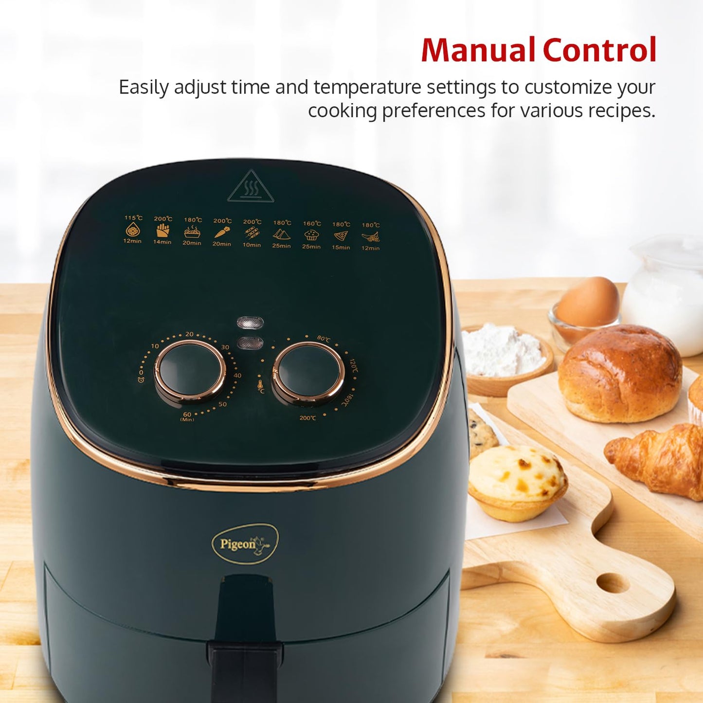 Pigeon Healthifry Manual Air Fryer, 360° High Speed Air Circulation Technology 1200 W with Non-Stick 4.2 L Basket - Green