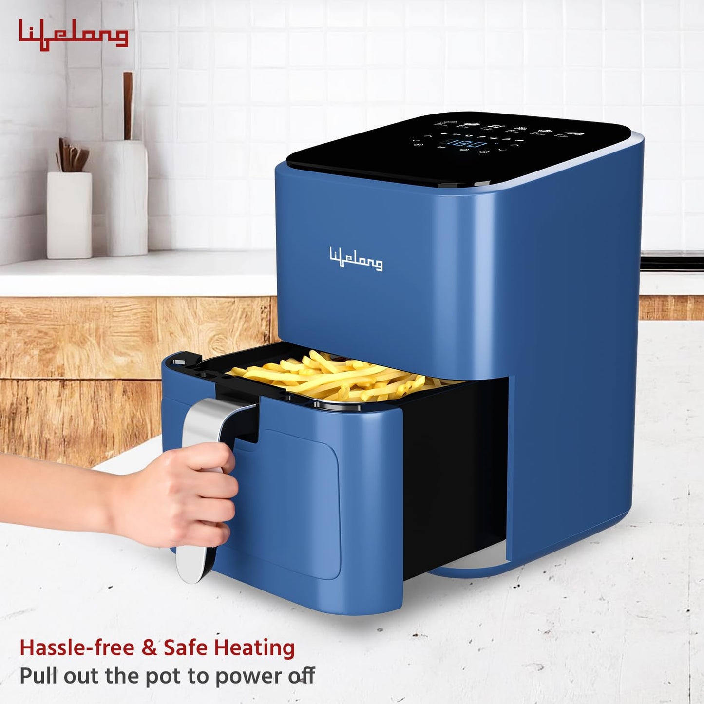 Lifelong 1200W 4L Air Fryer with Hot Air Circulation Technology with Timer Selection | Uses up to 90% less Oil | Fry, Grill, Roast, Reheat and Bake | LLHFD450 (Blue)