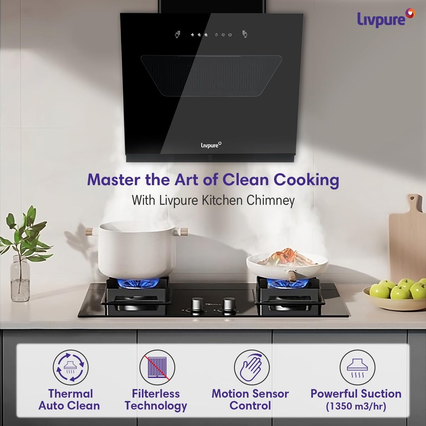 Livpure Drift 60 1350 m3/hr Slant | Filterless Autoclean Kitchen Chimney|10 Yr Warranty On Motor, 2 Yr Comprehensive |Touch & Gesture Control, Black