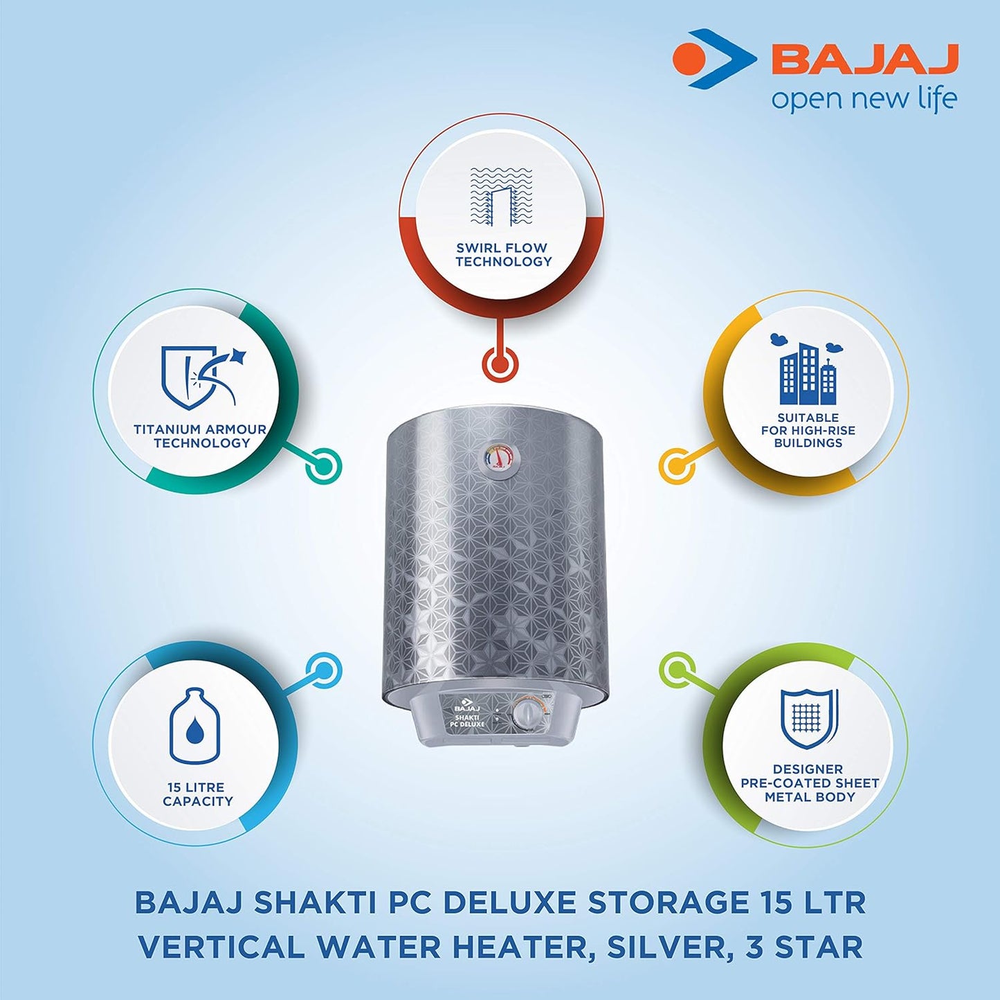 Bajaj Shakti PC Deluxe Storage 15 Litre Verical 4 Star Water Heater (Grey)