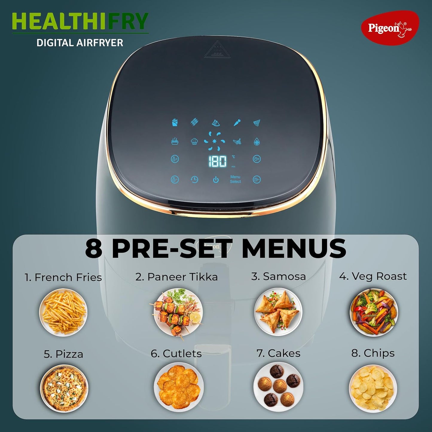 Pigeon Healthifry Digital Air Fryer, 360° High Speed Air Circulation Technology 1200 W with Non-Stick 4.2 L Basket - Green (box damage)